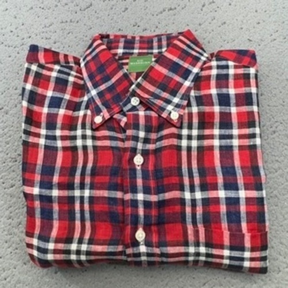 Sid Mashburn Shirt Mens Medium Red Navy Plaid Linen Button Down Casual